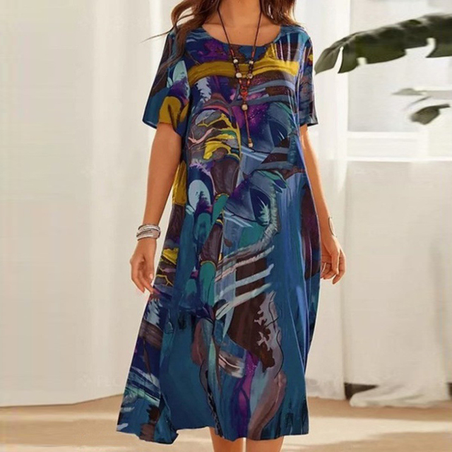 Elsie | Abstract Print Short Sleeve Midi Dress