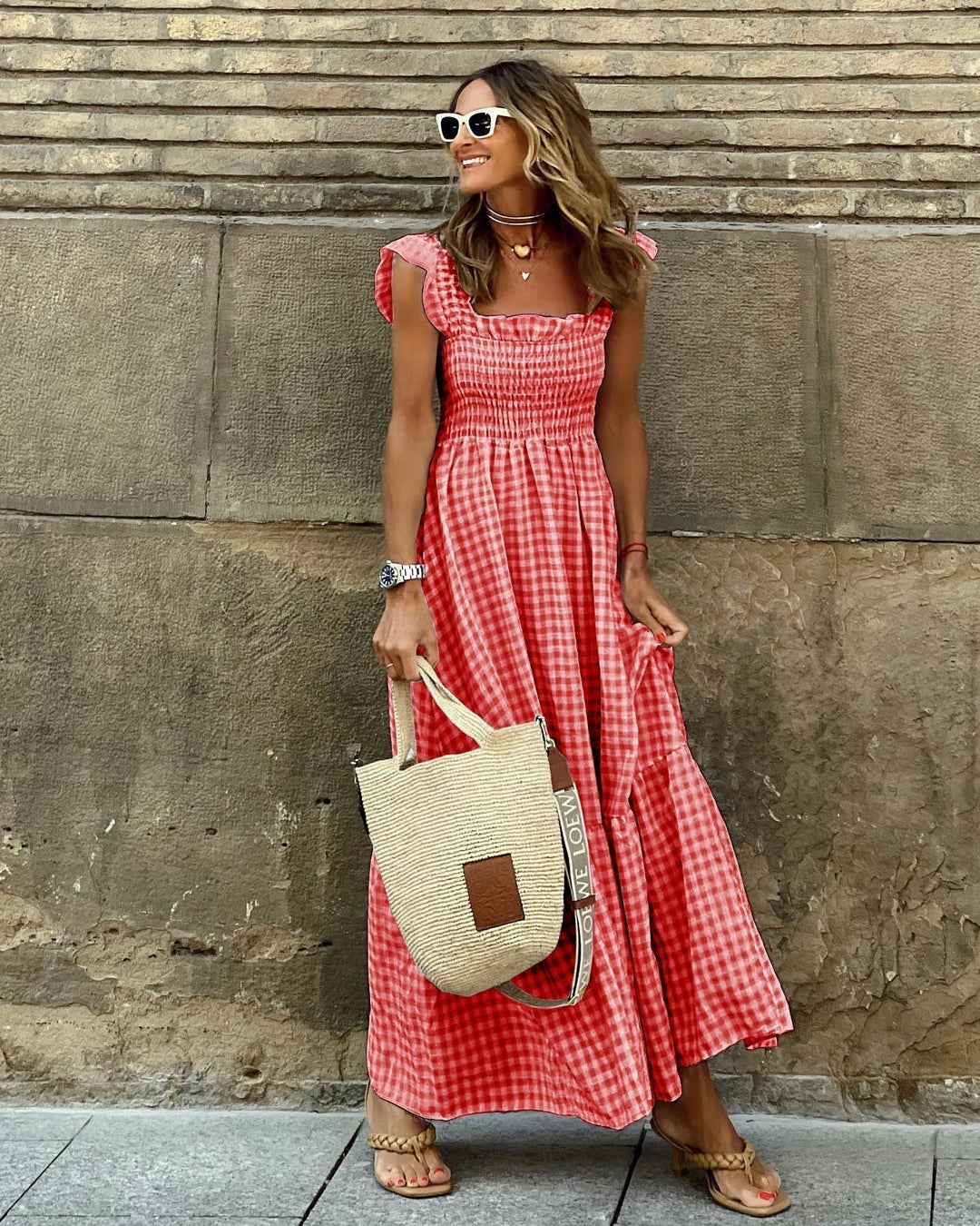 Florence | Gingham Smocked Maxi Dress Summer Women