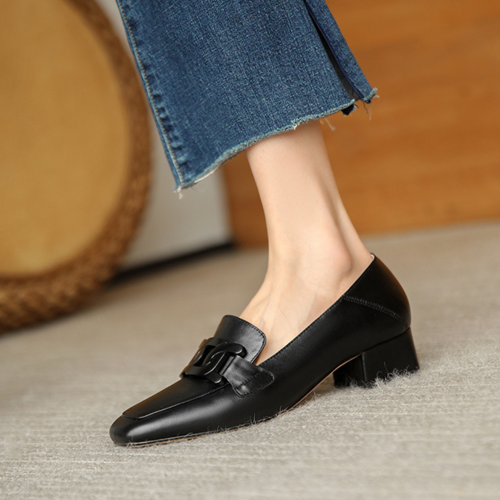 Grace | Square Toe Chain Detail Leather Loafers