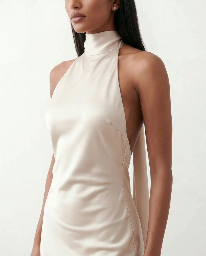 Beatrice | Wedding Guest Satin Halter Maxi Dress