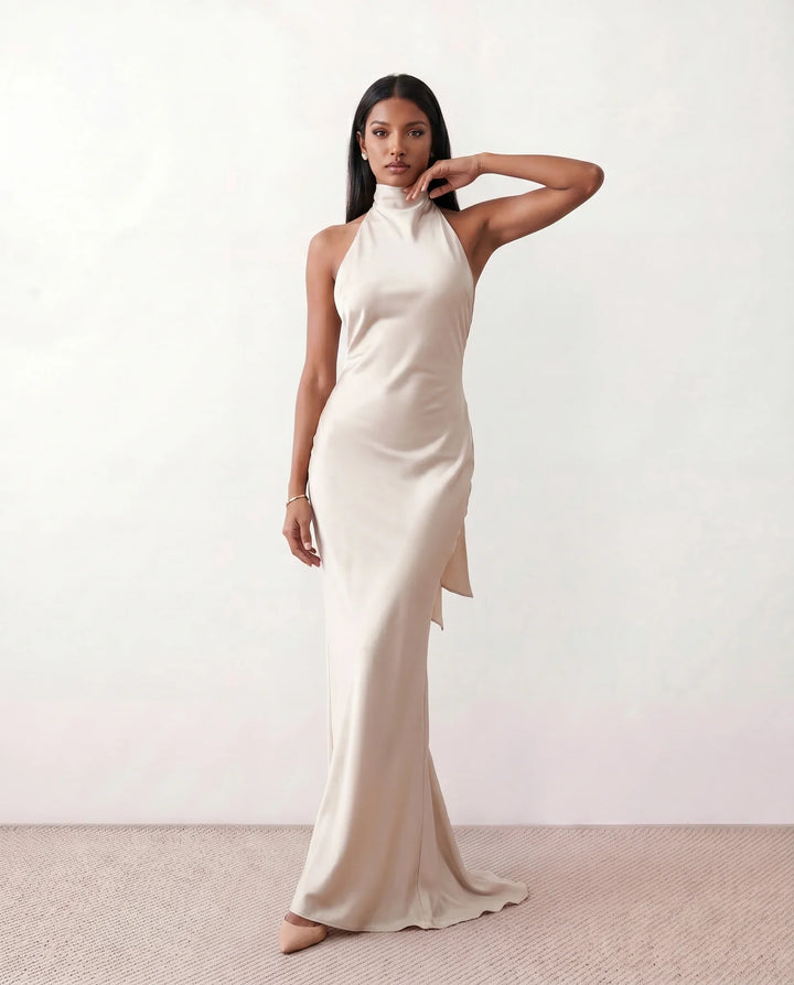 Beatrice | Wedding Guest Satin Halter Maxi Dress