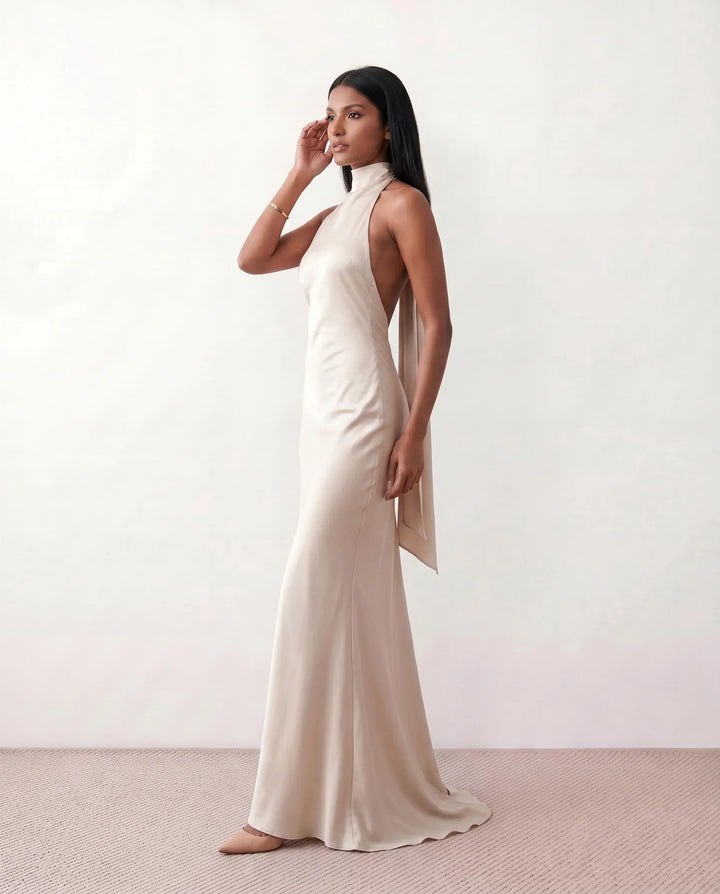 Beatrice | Wedding Guest Satin Halter Maxi Dress