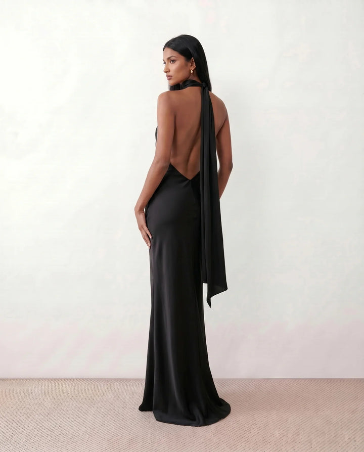 Beatrice | Wedding Guest Satin Halter Maxi Dress