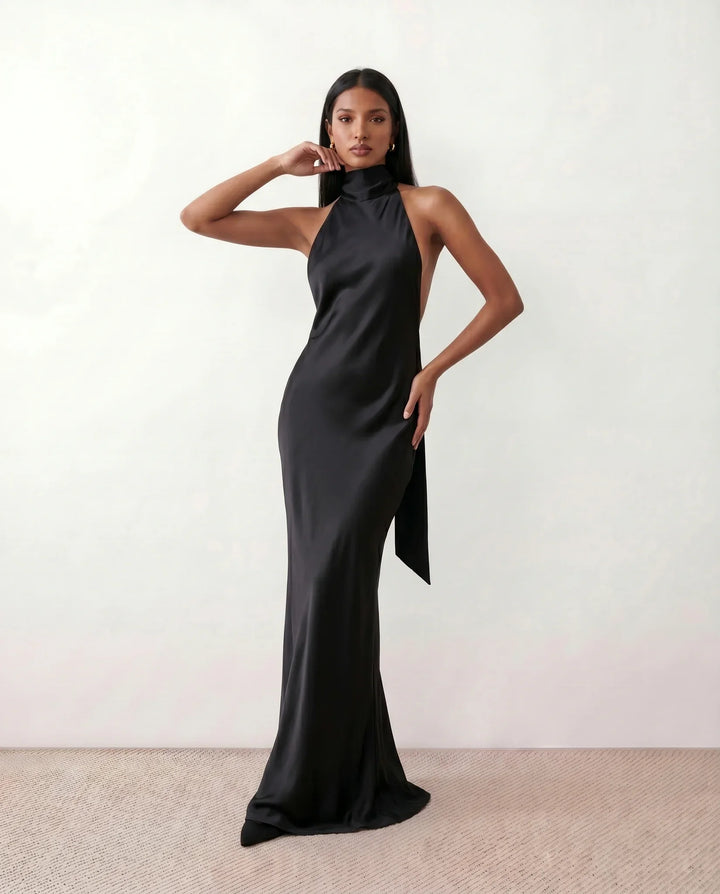 Beatrice | Wedding Guest Satin Halter Maxi Dress