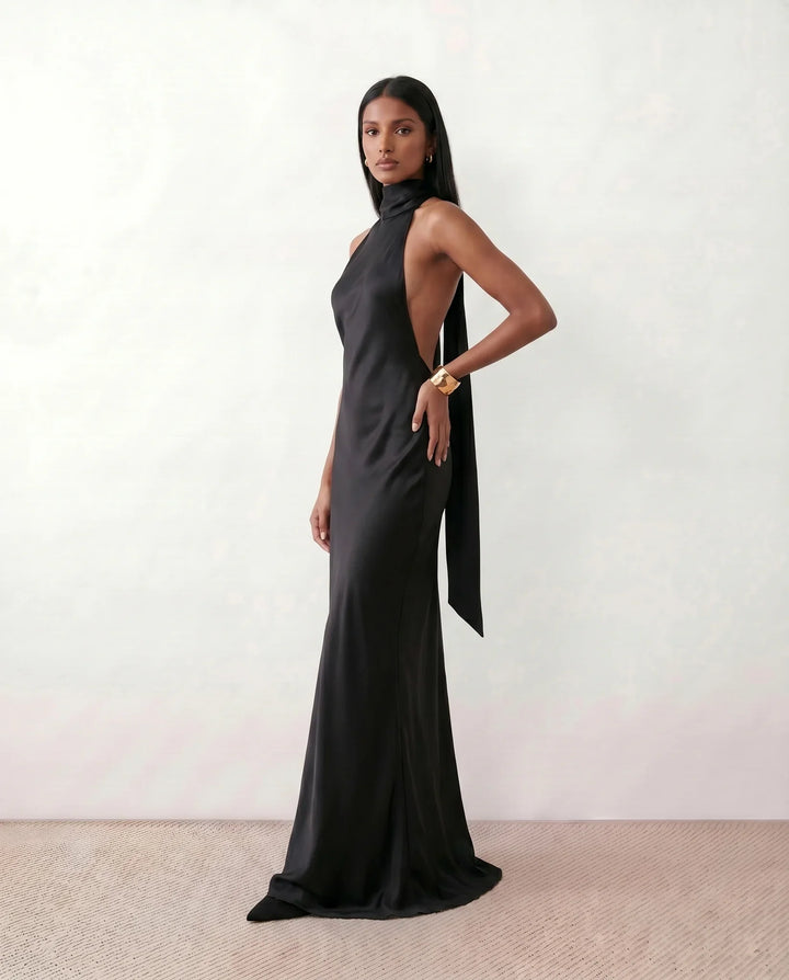 Beatrice | Wedding Guest Satin Halter Maxi Dress