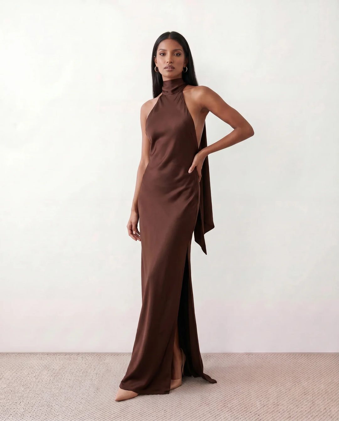 Beatrice | Wedding Guest Satin Halter Maxi Dress