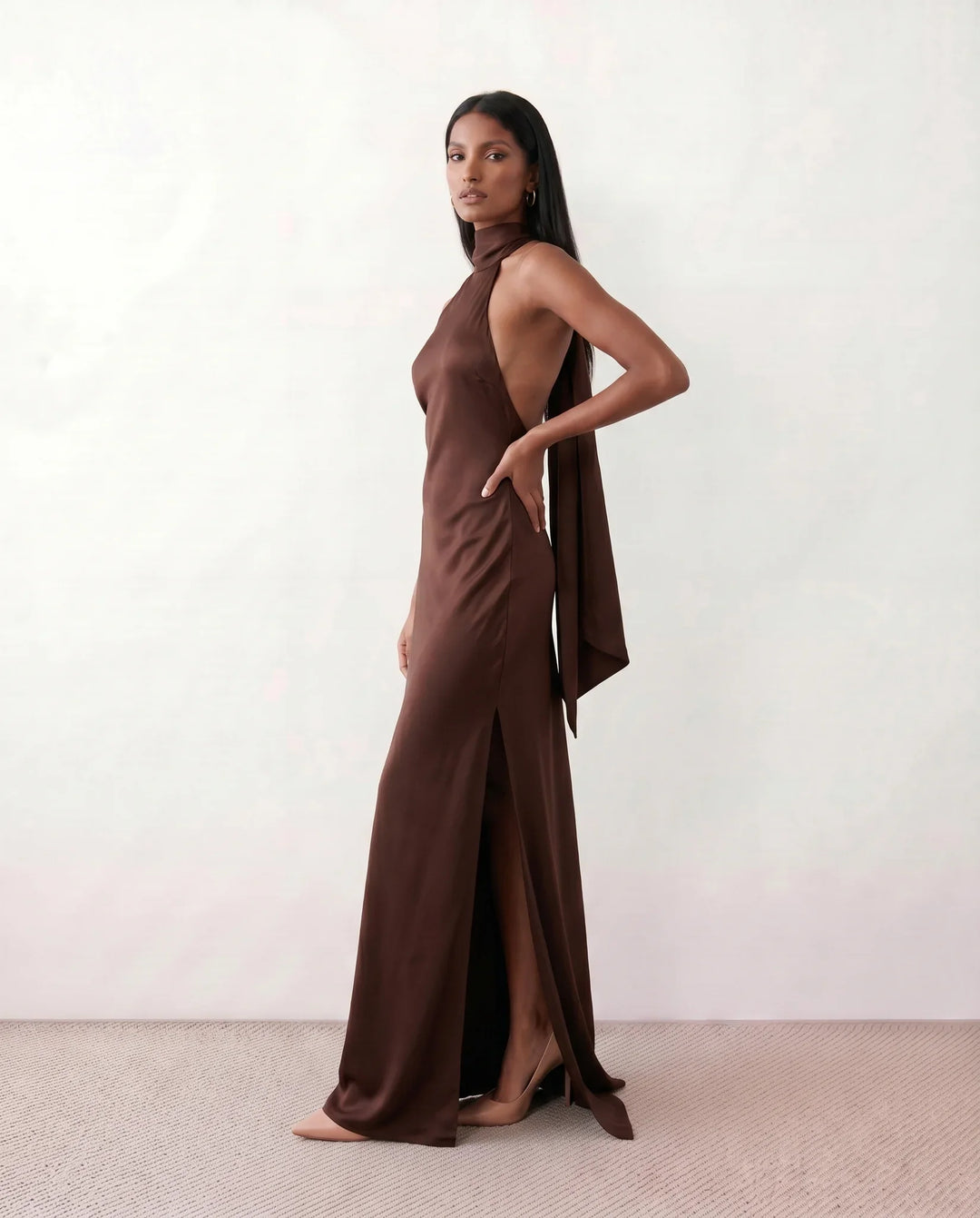 Beatrice | Wedding Guest Satin Halter Maxi Dress