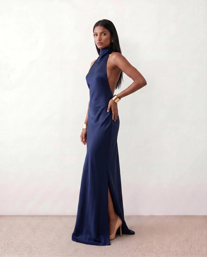 Beatrice | Wedding Guest Satin Halter Maxi Dress