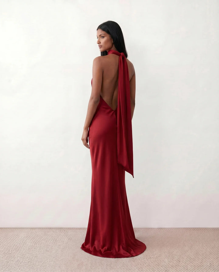 Beatrice | Wedding Guest Satin Halter Maxi Dress