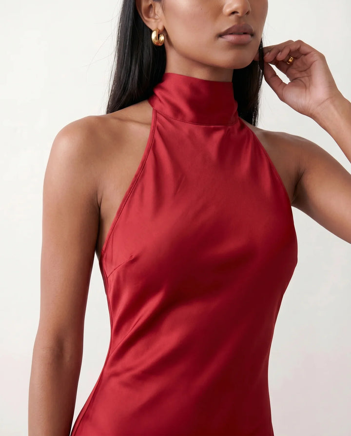 Beatrice | Wedding Guest Satin Halter Maxi Dress