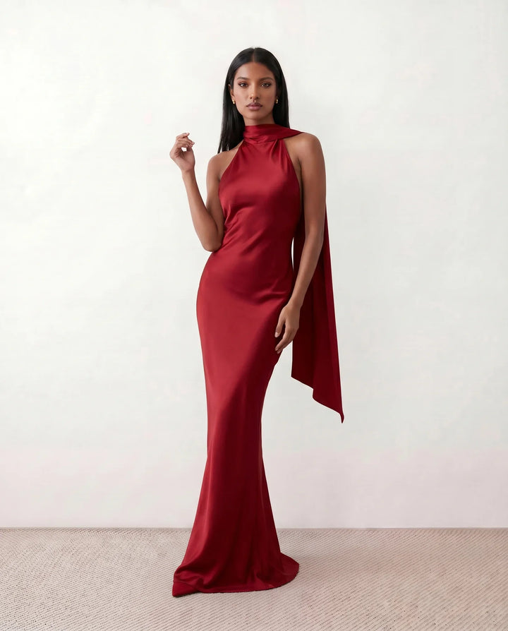 Beatrice | Wedding Guest Satin Halter Maxi Dress