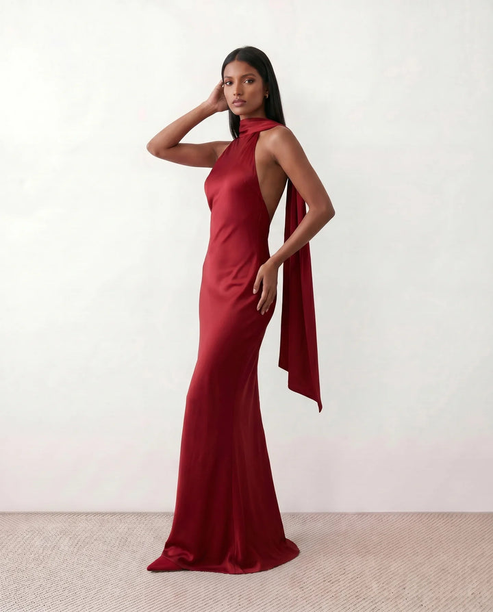 Beatrice | Wedding Guest Satin Halter Maxi Dress
