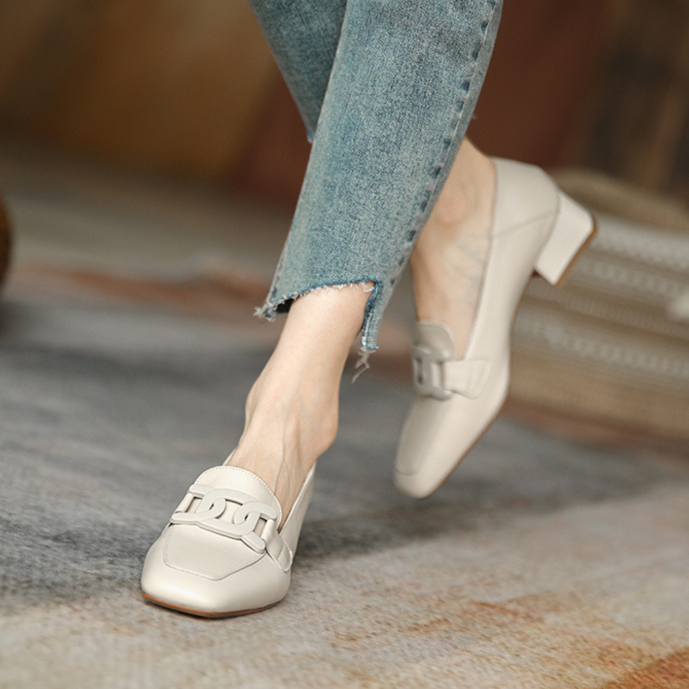 Grace | Square Toe Chain Detail Leather Loafers