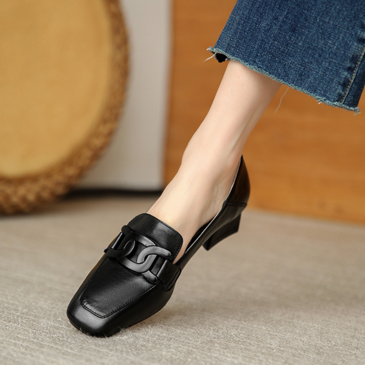 Grace | Square Toe Chain Detail Leather Loafers