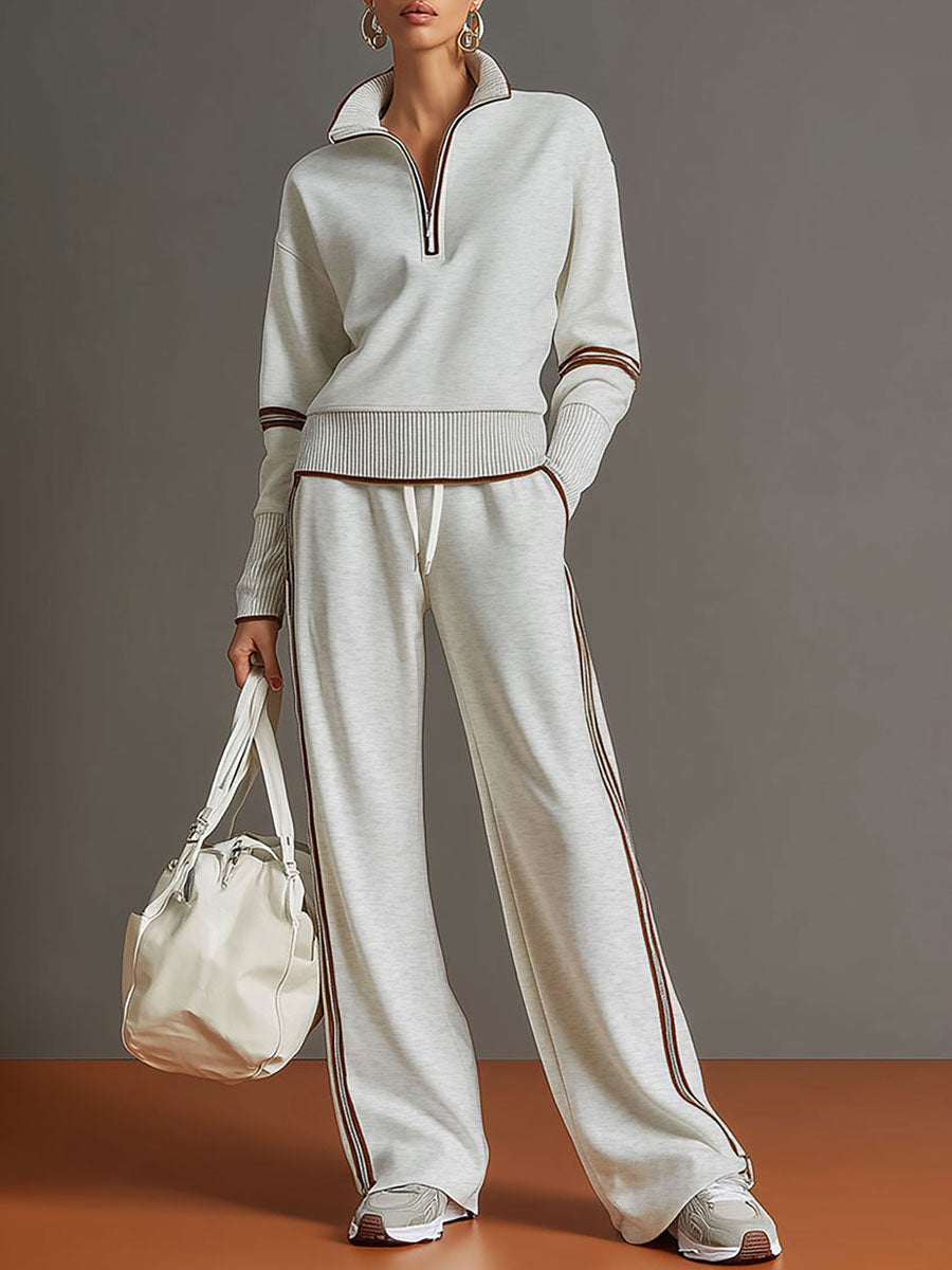 Vexara | Sporty Stripe Detail Quarter-Zip Top &amp; Wide Leg Tracksuit Set