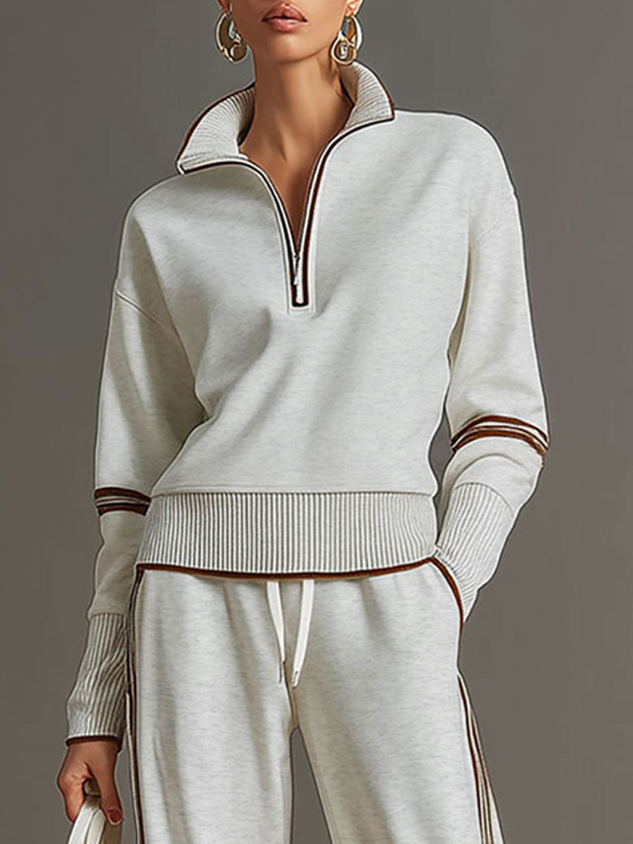 Vexara | Sporty Stripe Detail Quarter-Zip Top &amp; Wide Leg Tracksuit Set