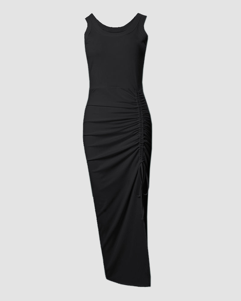 Sienna | Ribbed Ruched Midi Dress with Side Slit