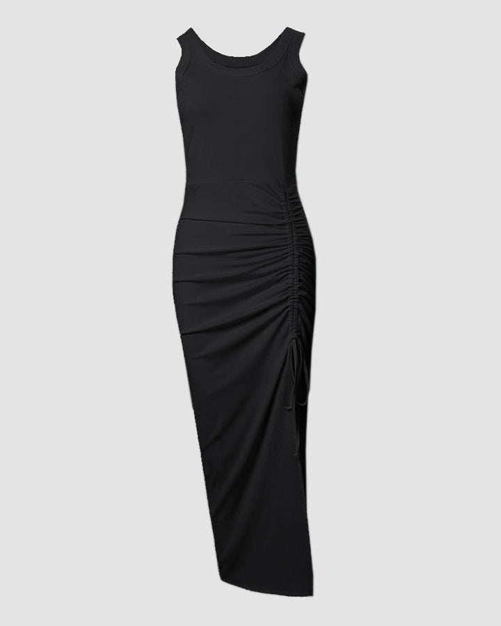 Sienna | Ribbed Ruched Midi Dress with Side Slit