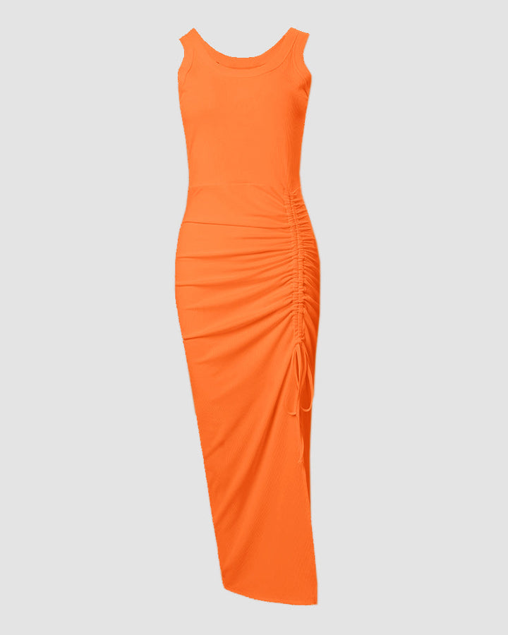 Sienna | Ribbed Ruched Midi Dress with Side Slit