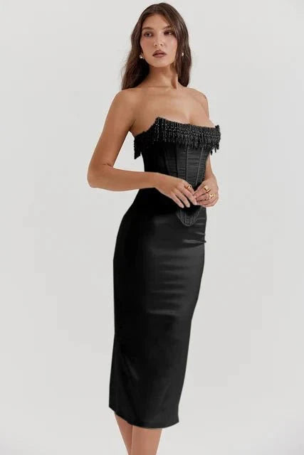 Ivy | Strapless Corset Midi Wedding Guest Dress