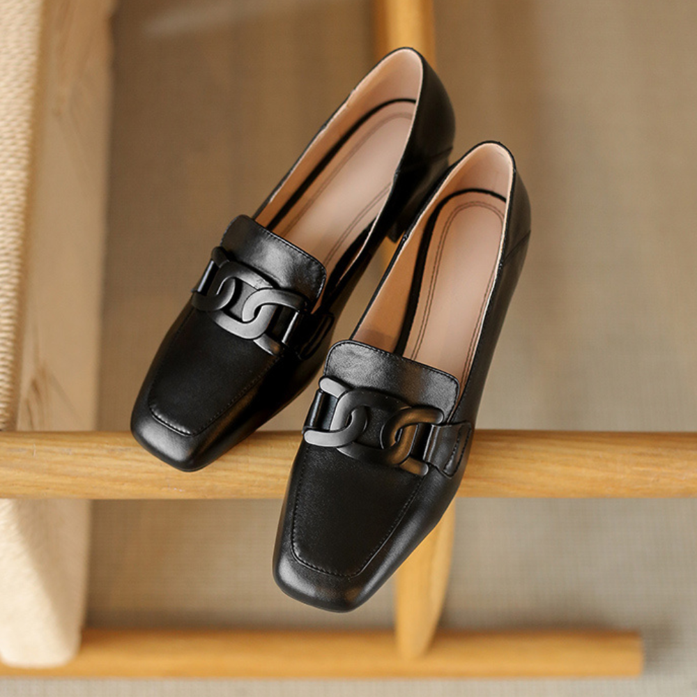 Grace | Square Toe Chain Detail Leather Loafers