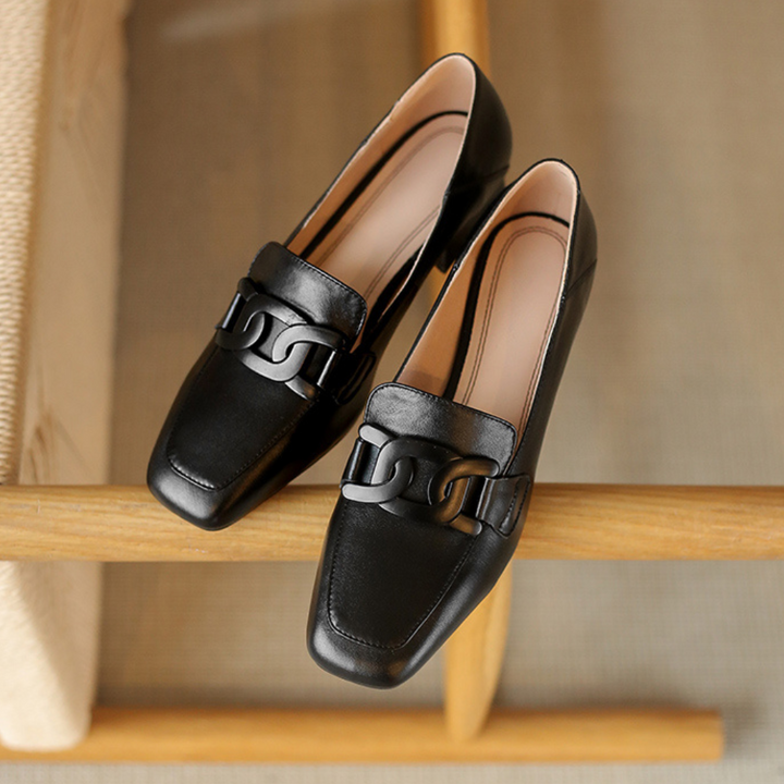 Grace | Square Toe Chain Detail Leather Loafers