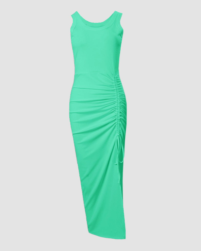 Sienna | Ribbed Ruched Midi Dress with Side Slit