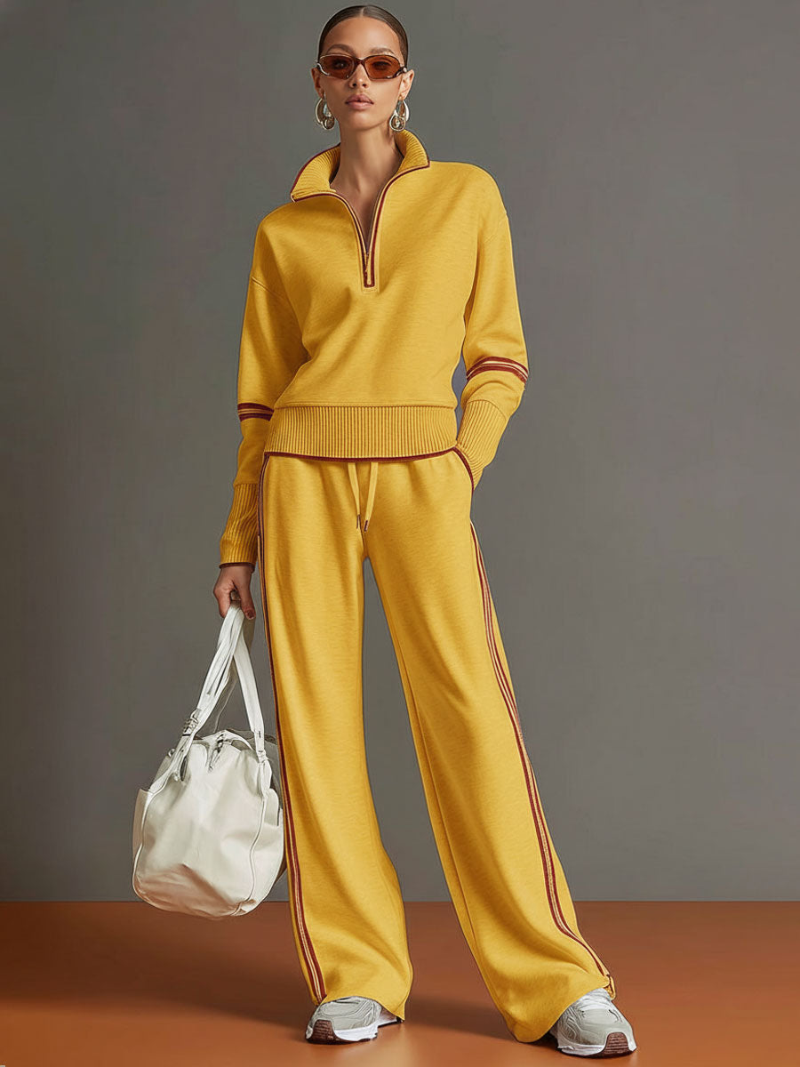 Vexara | Sporty Stripe Detail Quarter-Zip Top &amp; Wide Leg Tracksuit Set