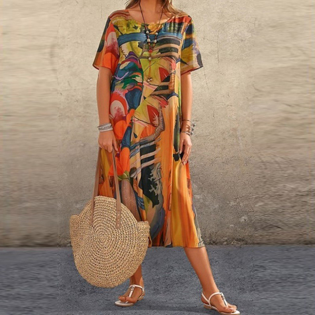 Elsie | Abstract Print Short Sleeve Midi Dress