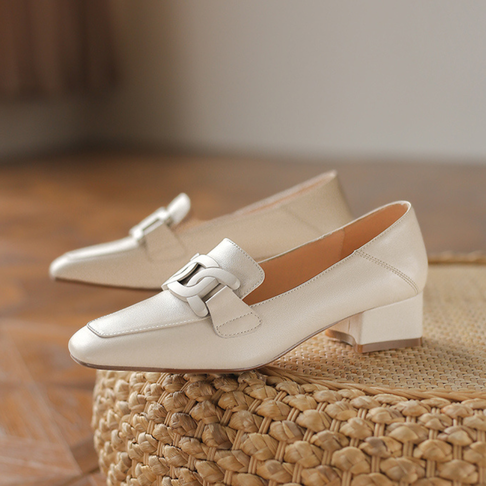 Grace | Square Toe Chain Detail Leather Loafers