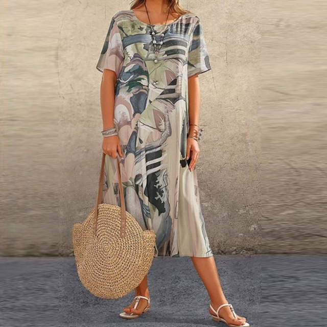 Elsie | Abstract Print Short Sleeve Midi Dress