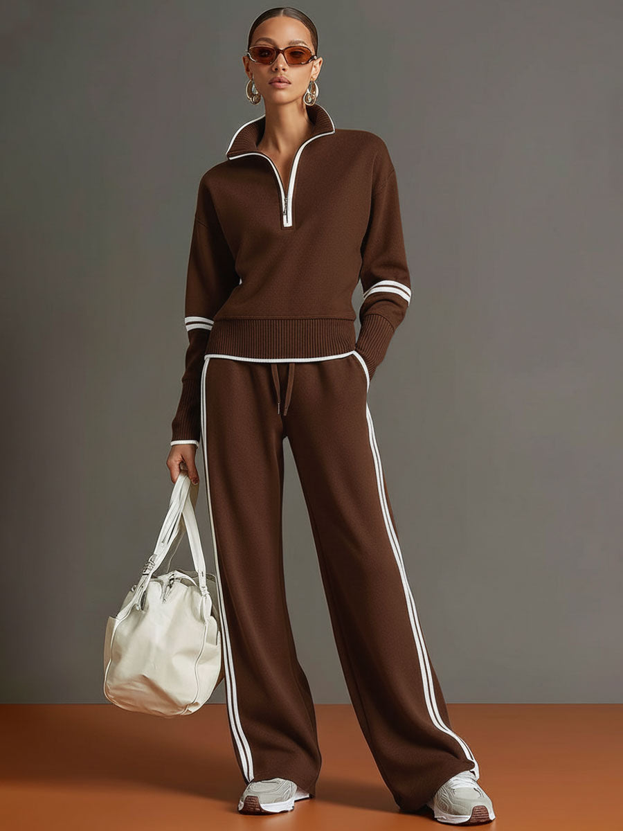 Vexara | Sporty Stripe Detail Quarter-Zip Top &amp; Wide Leg Tracksuit Set
