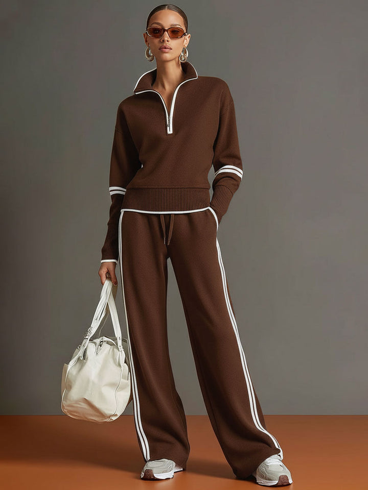 Vexara | Sporty Stripe Detail Quarter-Zip Top &amp; Wide Leg Tracksuit Set