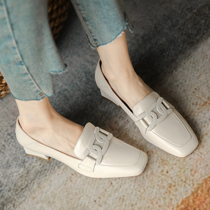 Grace | Square Toe Chain Detail Leather Loafers