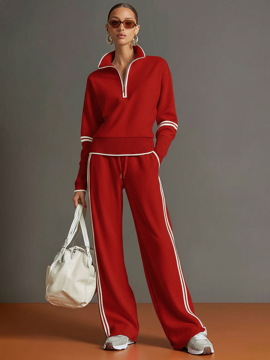 Vexara | Sporty Stripe Detail Quarter-Zip Top &amp; Wide Leg Tracksuit Set