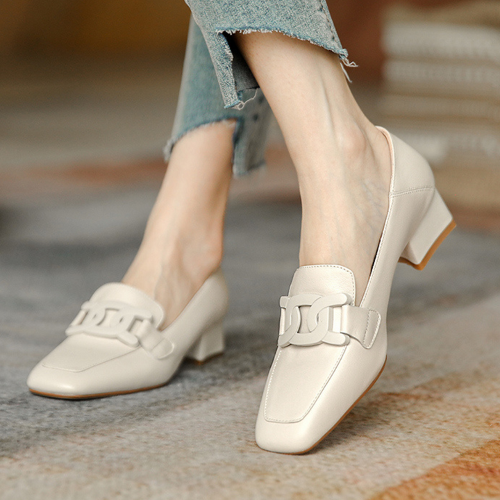 Grace | Square Toe Chain Detail Leather Loafers