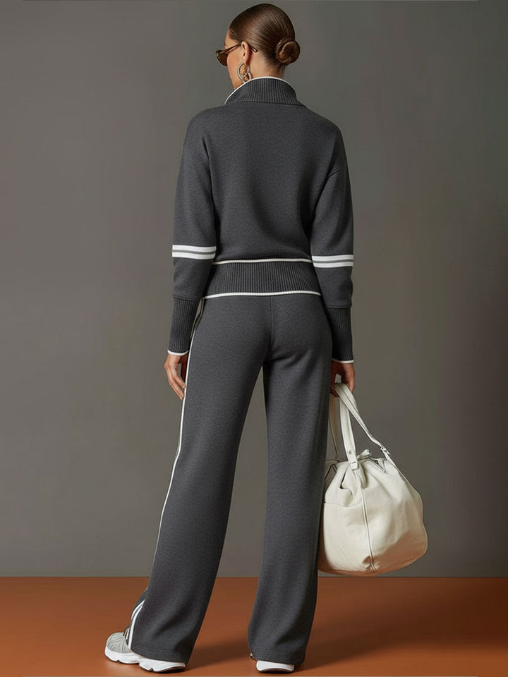 Vexara | Sporty Stripe Detail Quarter-Zip Top &amp; Wide Leg Tracksuit Set