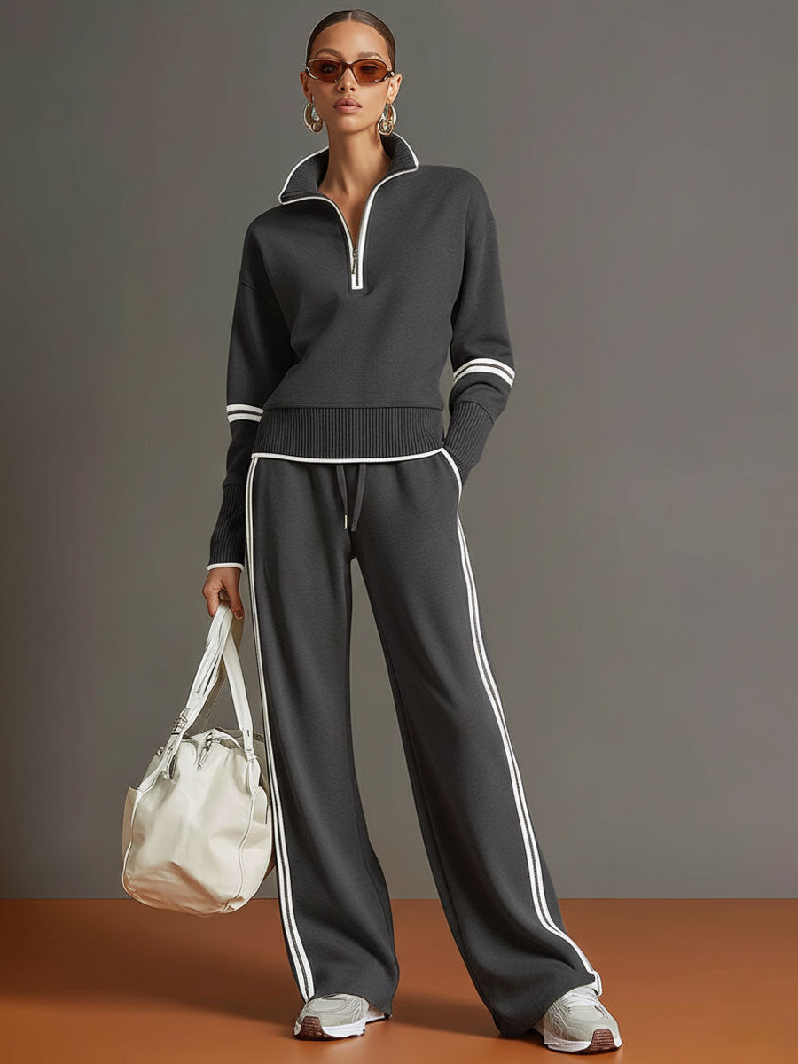 Vexara | Sporty Stripe Detail Quarter-Zip Top &amp; Wide Leg Tracksuit Set