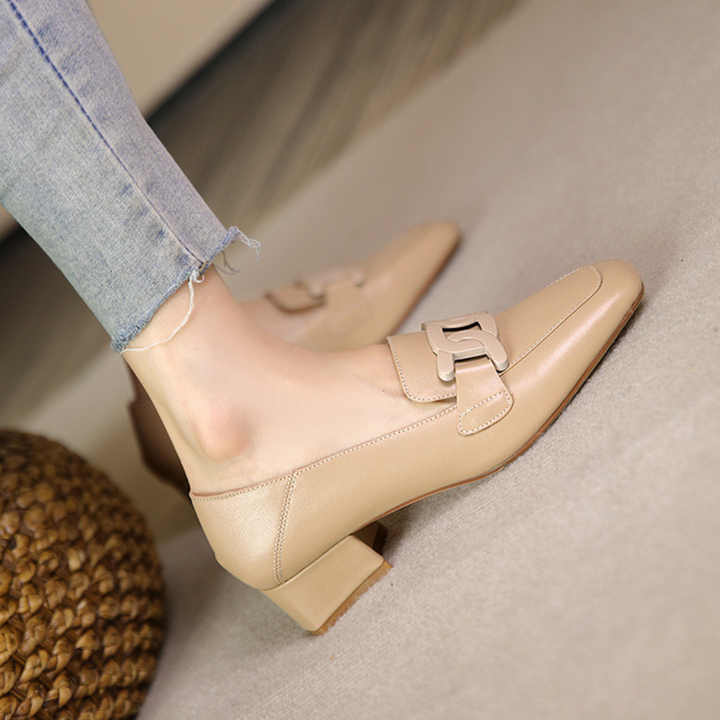 Grace | Square Toe Chain Detail Leather Loafers
