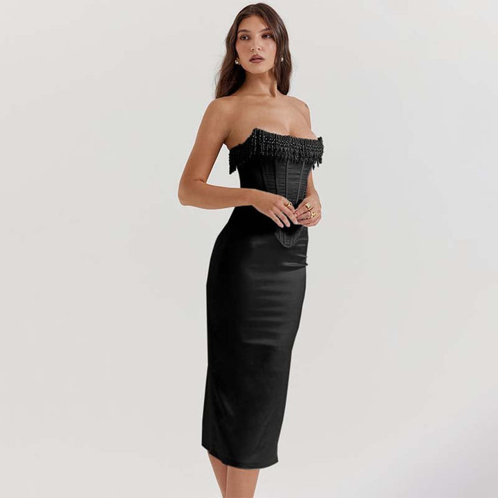 Ivy | Strapless Corset Midi Wedding Guest Dress