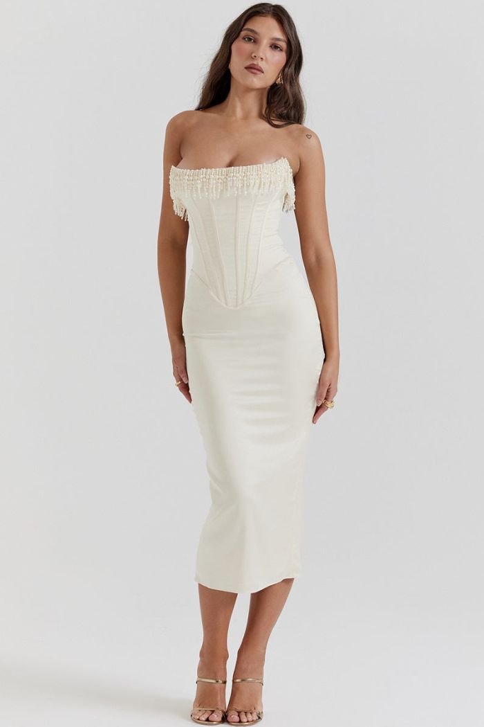 Ivy | Strapless Corset Midi Wedding Guest Dress