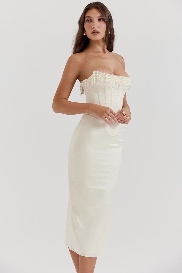 Ivy | Strapless Corset Midi Wedding Guest Dress