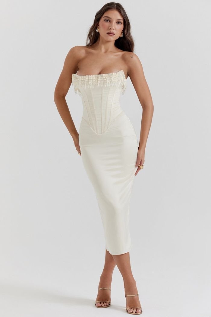 Ivy | Strapless Corset Midi Wedding Guest Dress