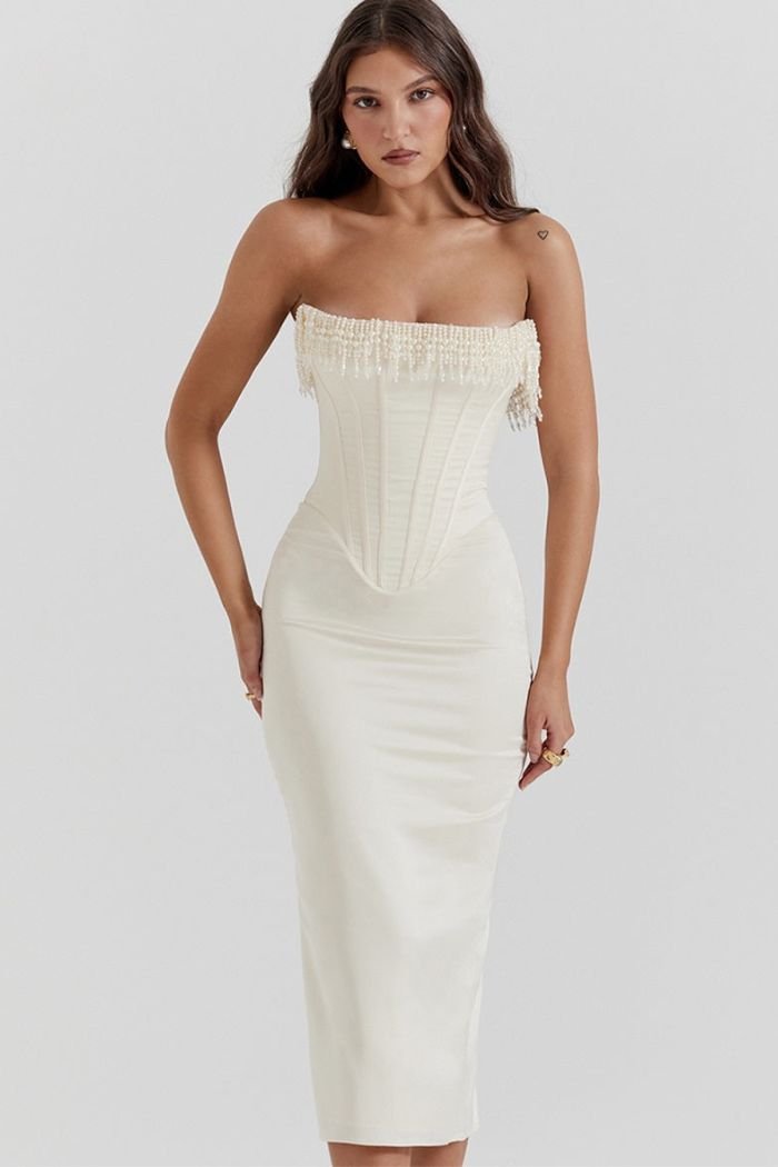Ivy | Strapless Corset Midi Wedding Guest Dress