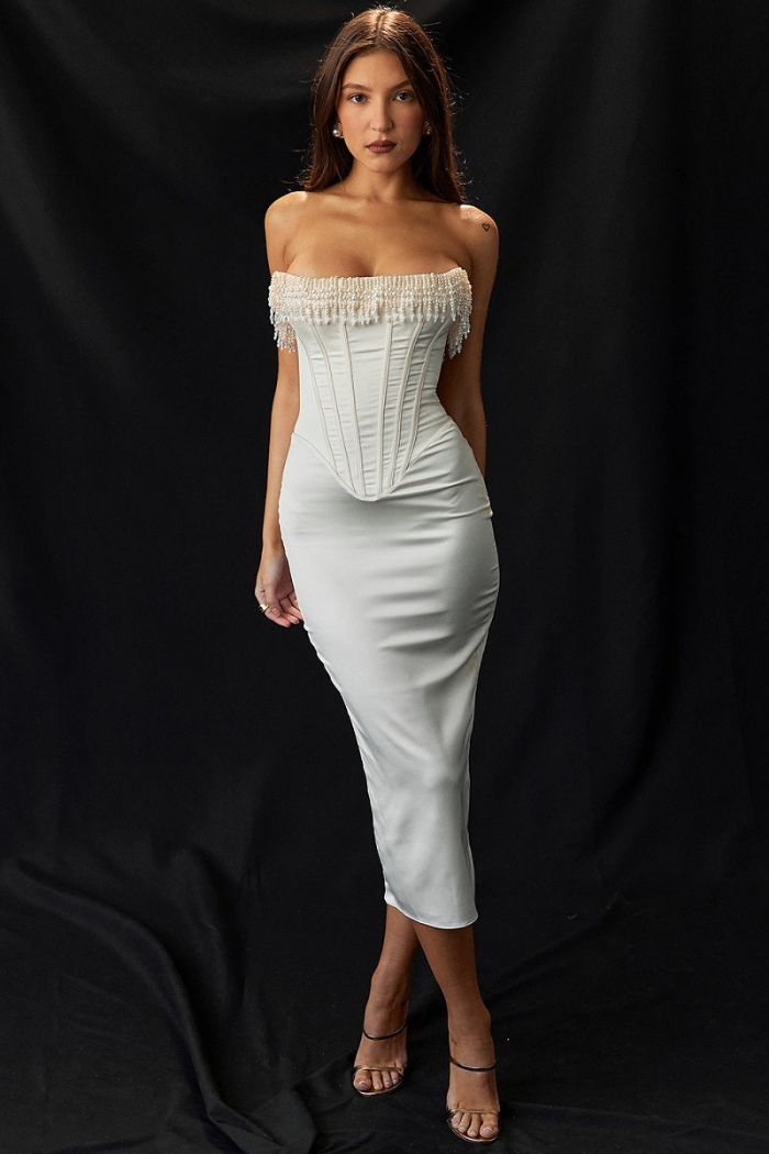 Ivy | Strapless Corset Midi Wedding Guest Dress