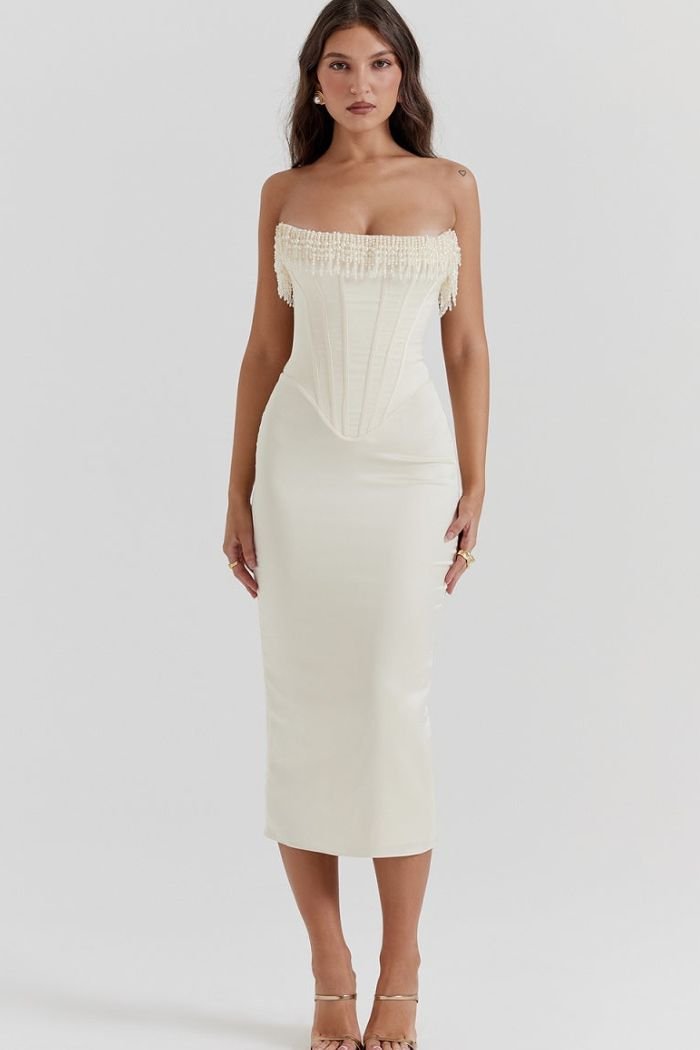 Ivy | Strapless Corset Midi Wedding Guest Dress