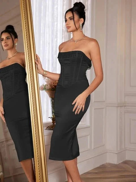Ivy | Strapless Corset Midi Wedding Guest Dress