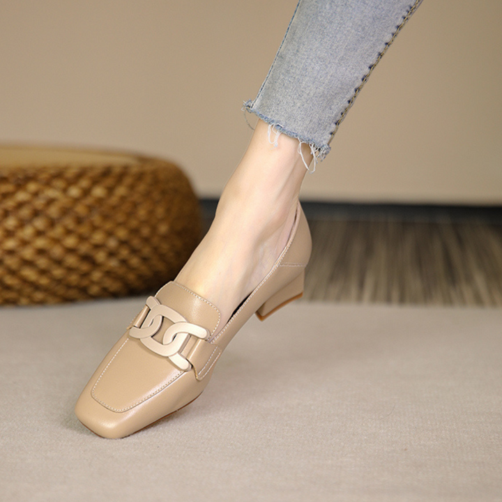 Grace | Square Toe Chain Detail Leather Loafers