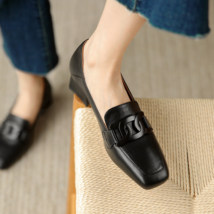 Grace | Square Toe Chain Detail Leather Loafers