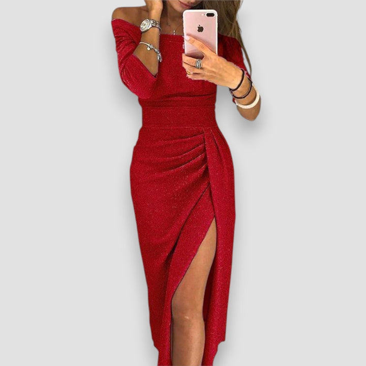 Amelia | Wedding Guest Off-Shoulder Midi Dress